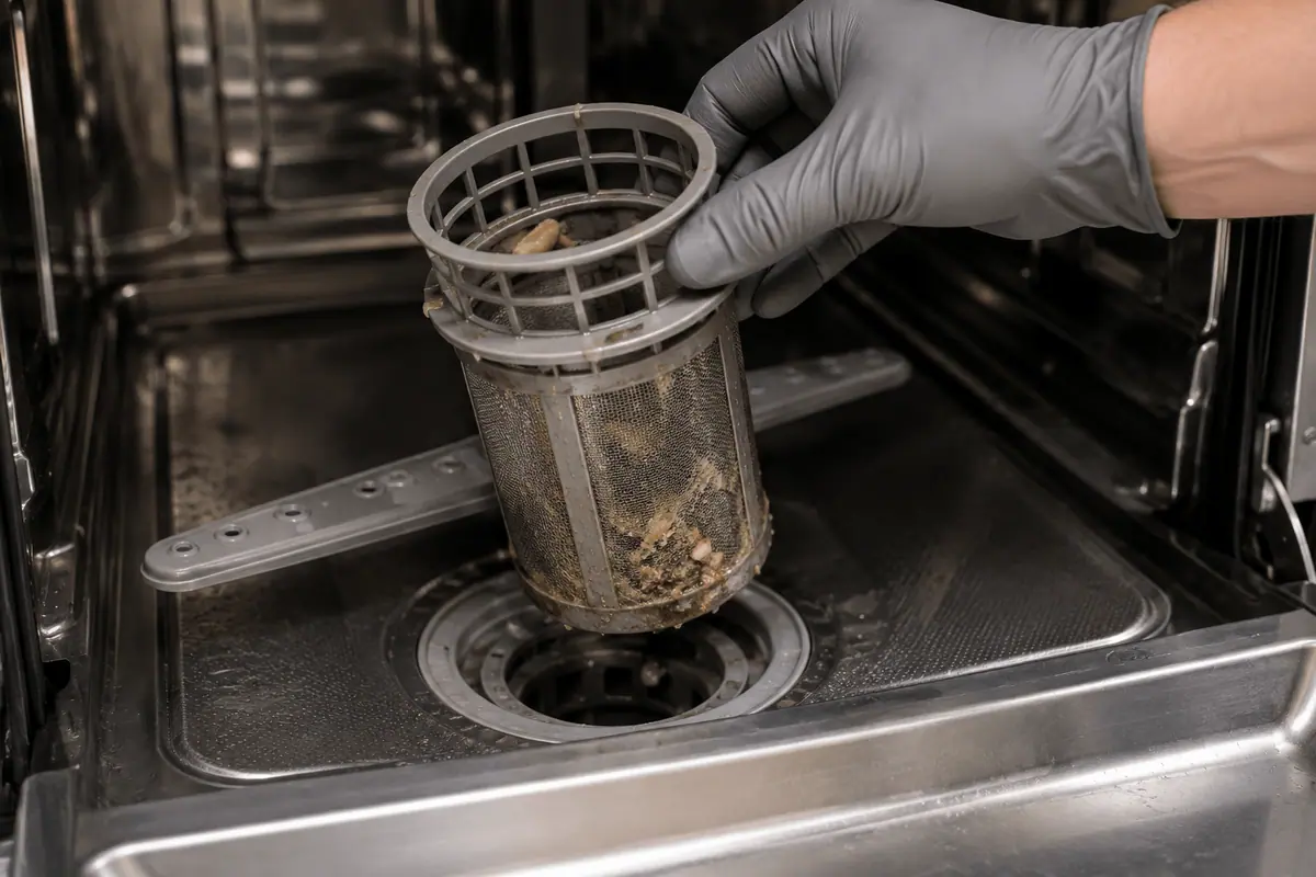 Homeowner removing a dirty dishwasher filter for cleaning