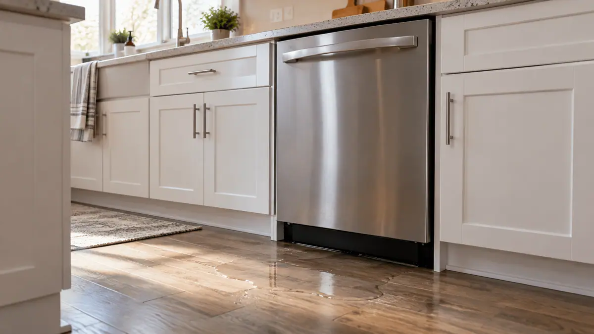 Small puddle of water on the kitchen floor in front of a built-in dishwasher