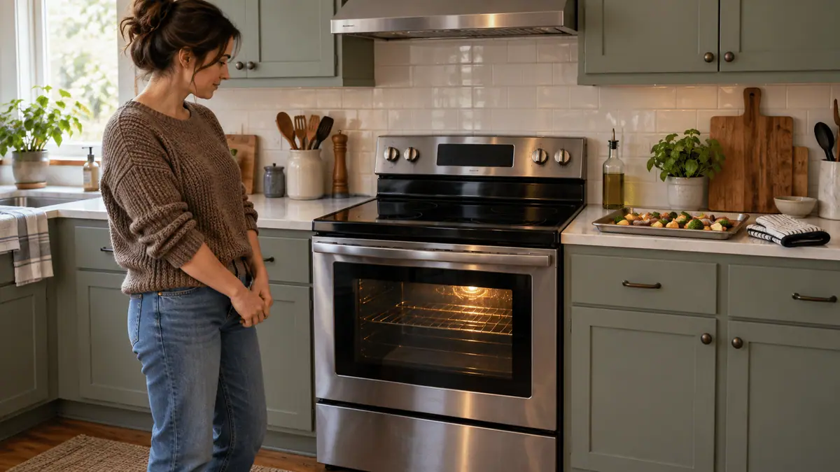 Homeowner waiting beside a closed oven with a tray of vegetables ready to bake.