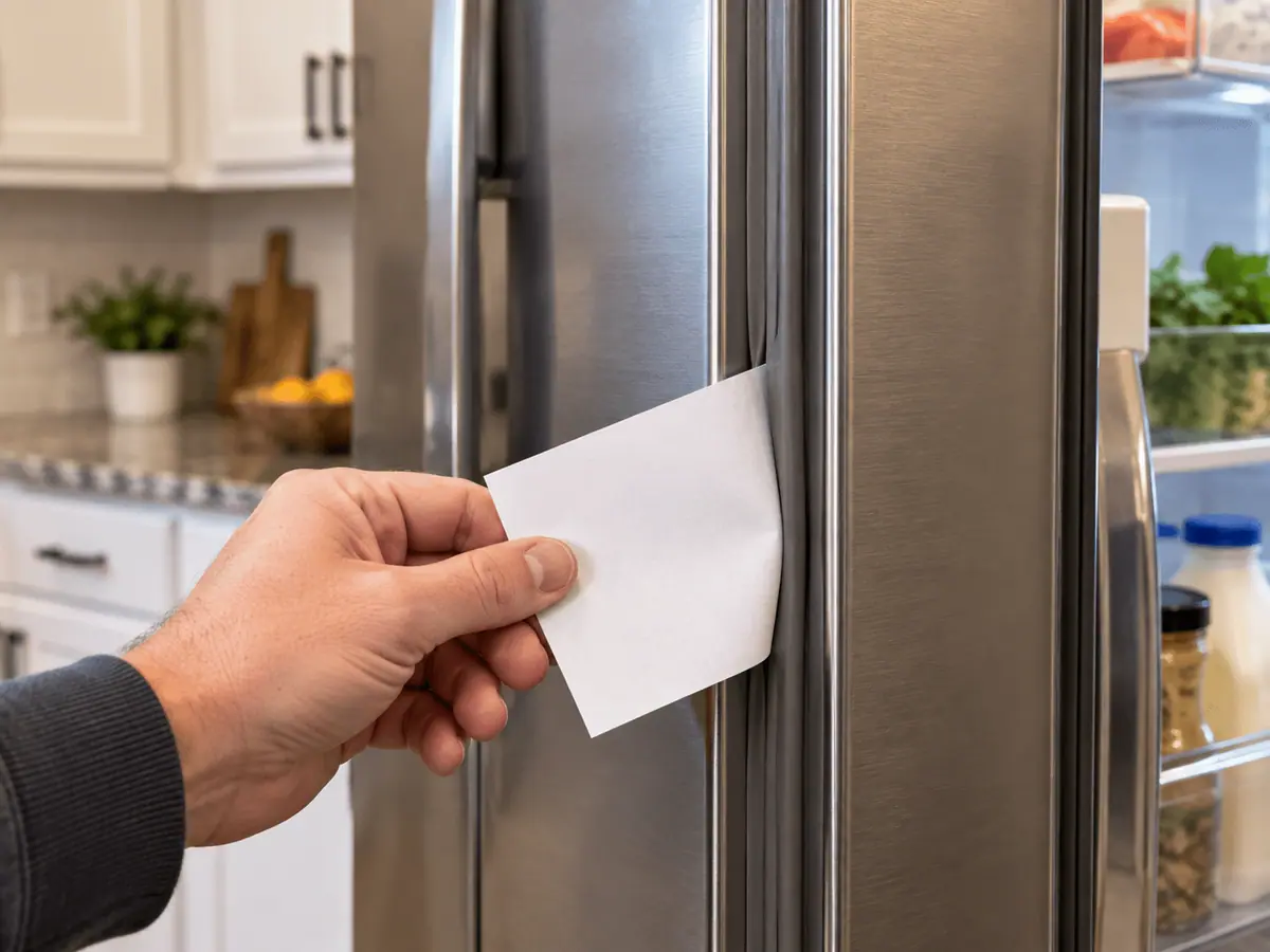 Homeowner checking a refrigerator door gasket with a sheet of paper