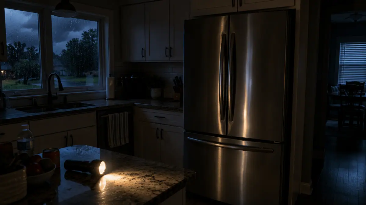 Refrigerator in a dark kitchen during a summer power outage