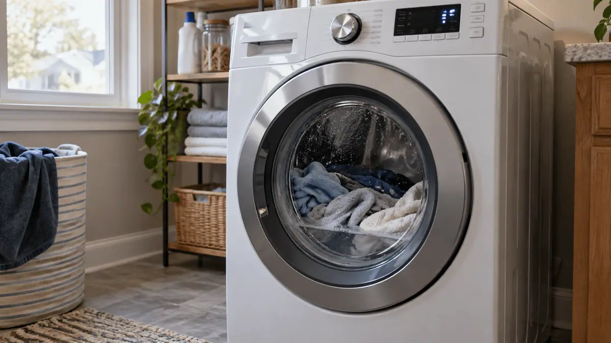 Front-load washing machine stopped mid-cycle with wet laundry inside