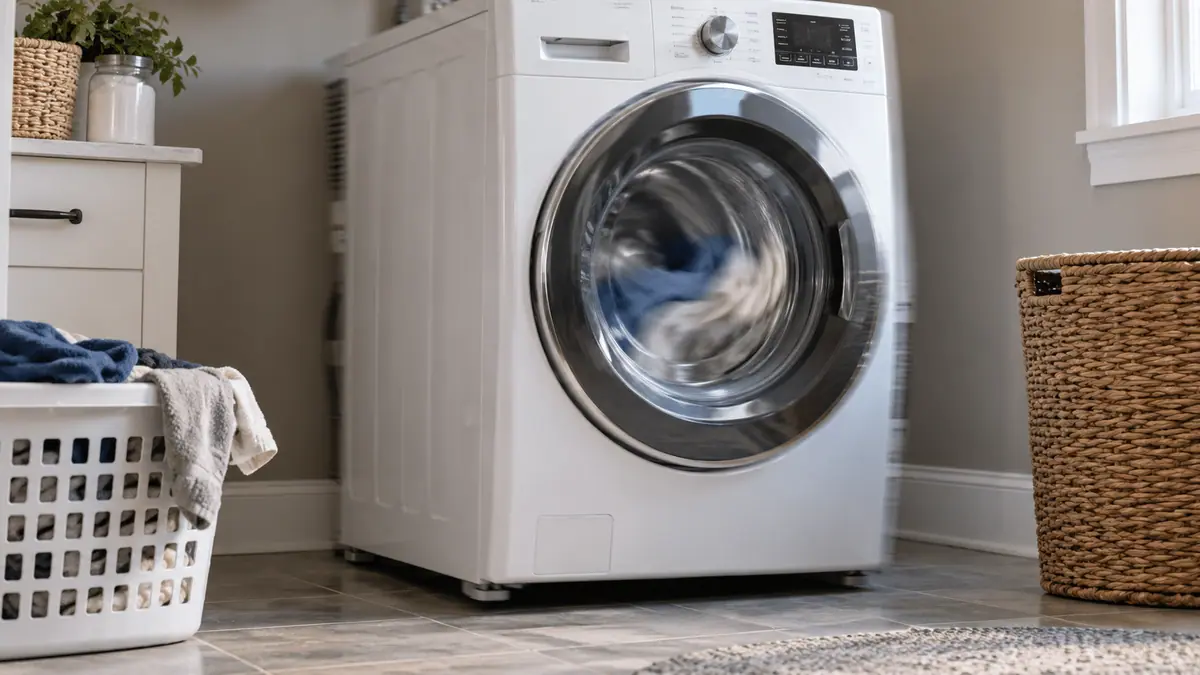 Front-load washing machine shaking during the spin cycle in a home laundry room