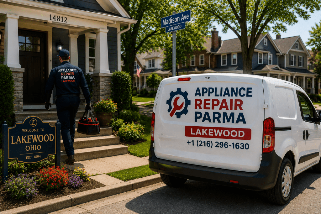 Appliance repair technician arriving at a home in Lakewood Ohio