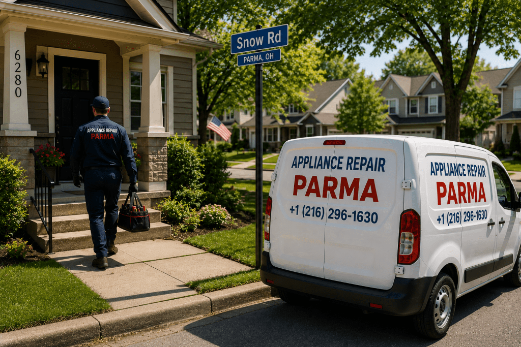 Appliance repair technician arriving at a customer's home in Parma Ohio