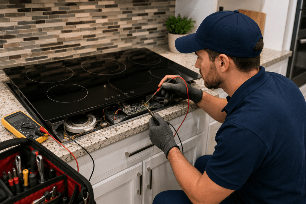 Technician diagnosing a glass cooktop with burner and heating problems