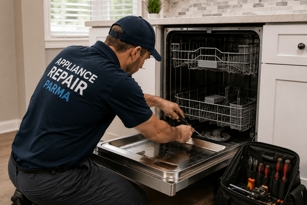 Professional dishwasher repair technician diagnosing a dishwasher problem