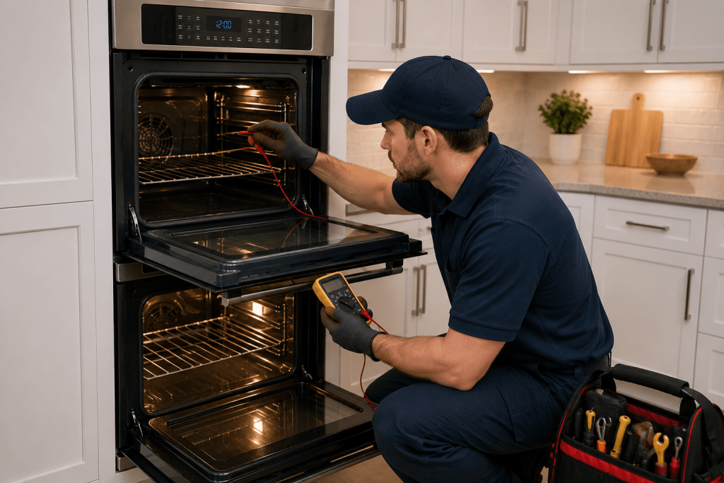 Technician diagnosing a built in double oven with heating and temperature problems