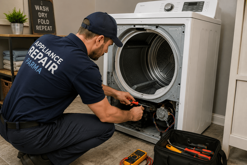 Professional dryer repair technician diagnosing a dryer problem