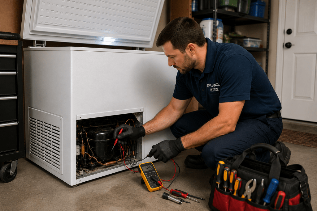 Technician repairing an upright freezer cooling system