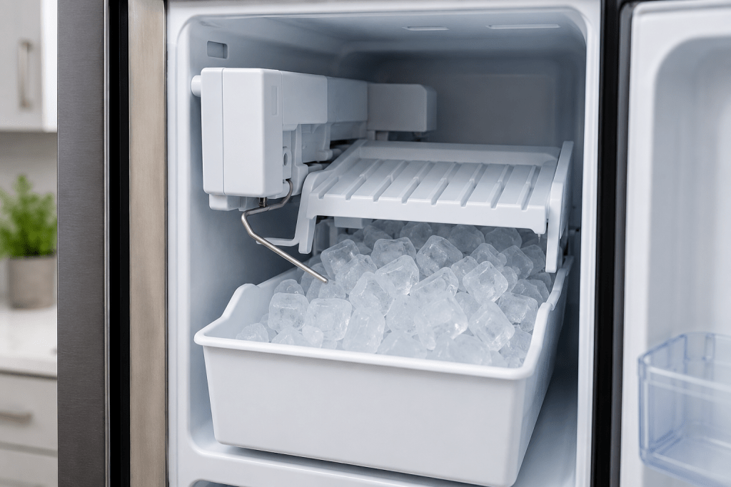 Ice maker inside a refrigerator producing ice cubes for residential ice maker repair service