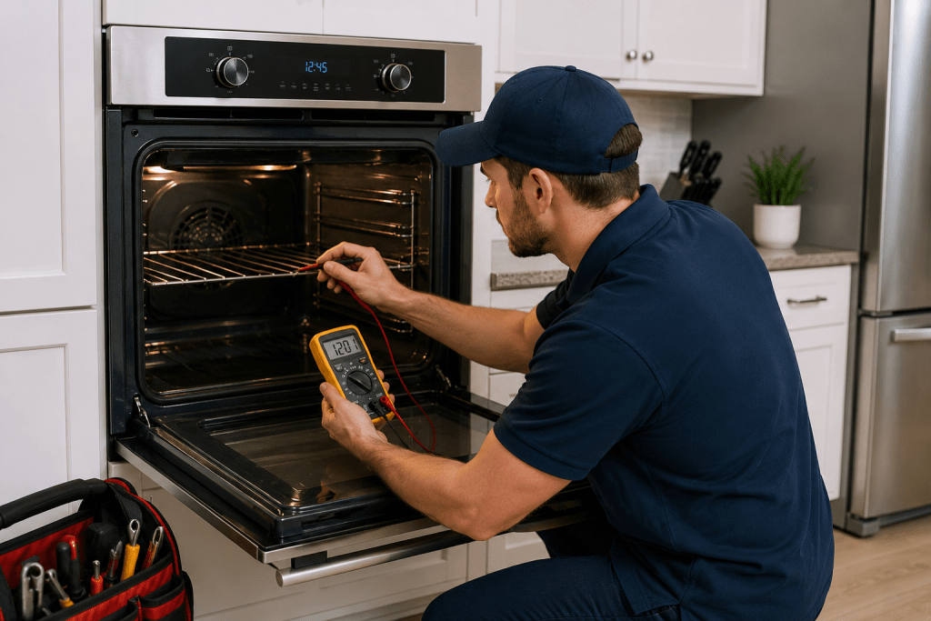 Technician diagnosing a residential oven with heating and temperature problems