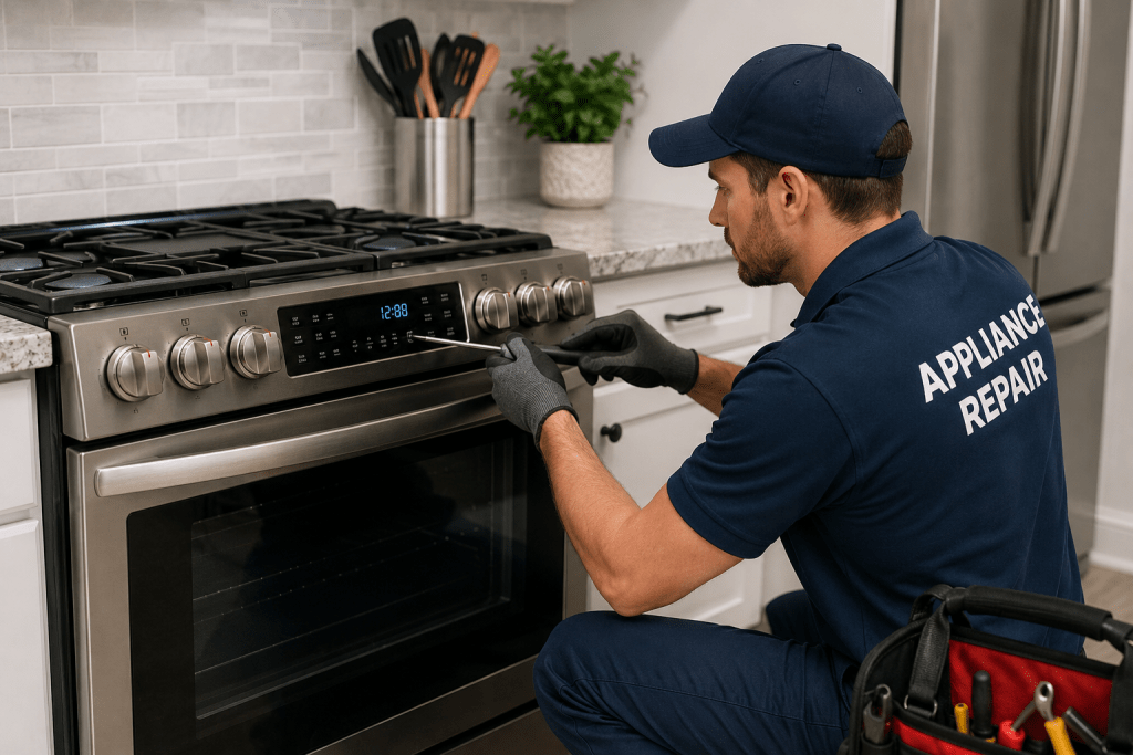 Technician diagnosing a residential range with control panel and burner issues