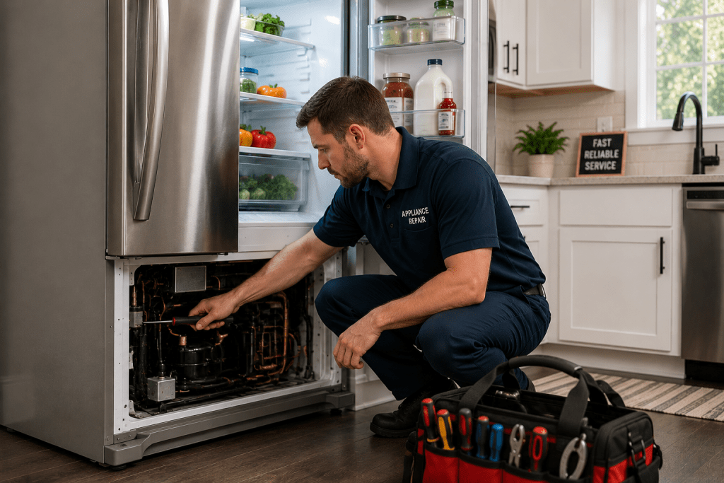 Technician diagnosing and repairing a residential refrigerator cooling system