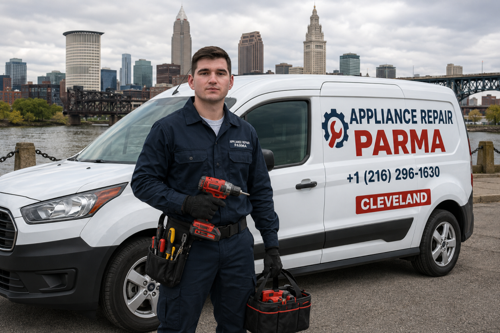 Professional appliance repair technician in Cleveland Ohio standing next to Appliance Repair Parma service van