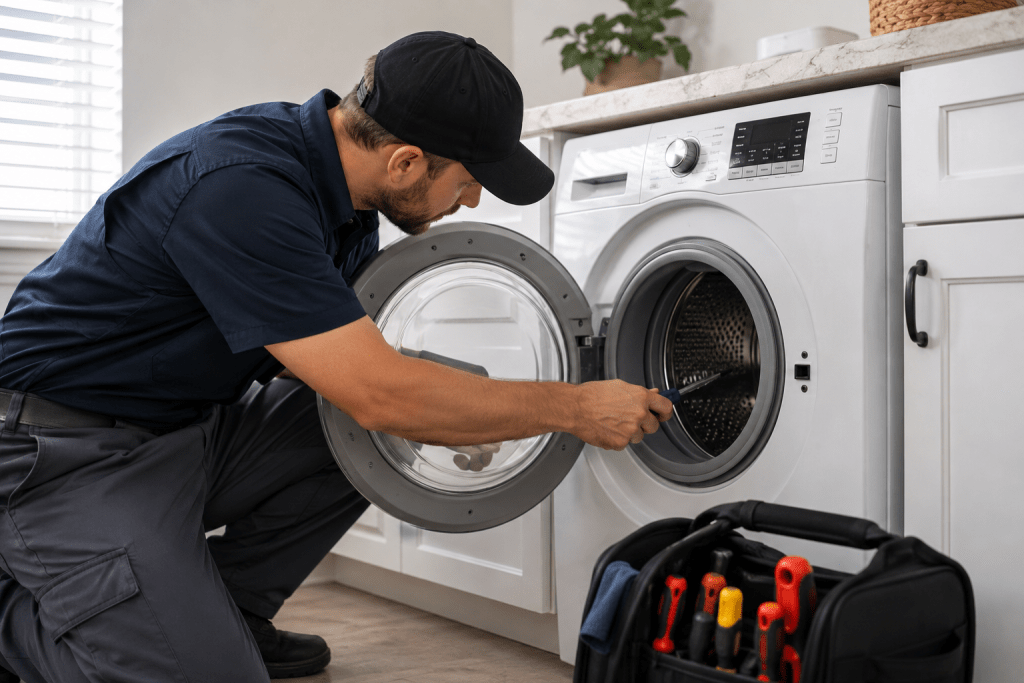 Technician repairing a front load washing machine in Parma Ohio