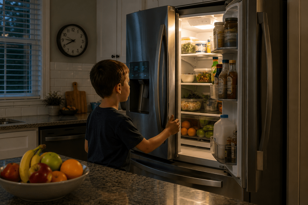 Child opening a refrigerator door during a power outage in a Cleveland home.