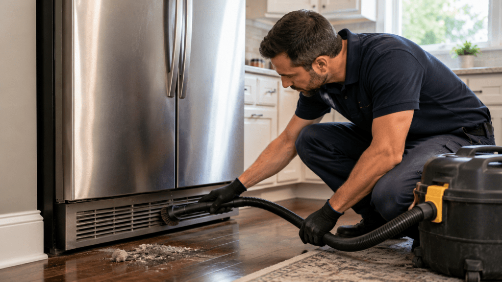 Appliance repair technician cleaning accessible refrigerator condenser grille in a Cleveland home.