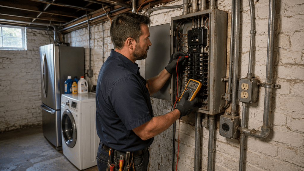 Appliance repair technician inspecting an old electrical panel in a Cleveland home