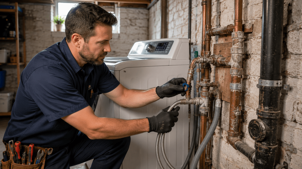 Appliance repair technician inspecting old plumbing connections for a washing machine in a Cleveland home