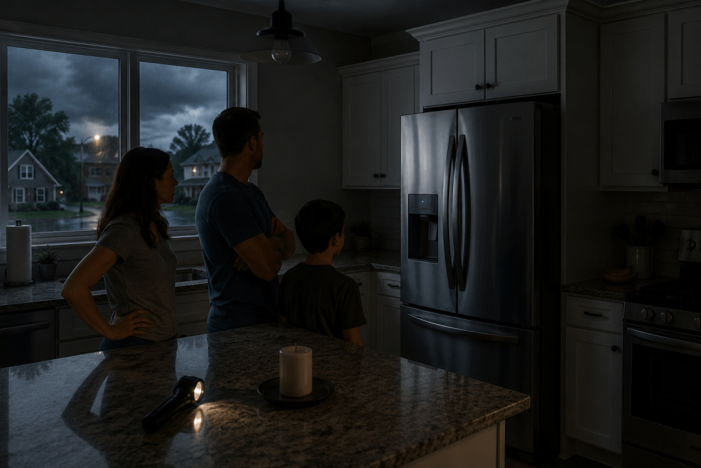 Homeowner waiting for a refrigerator to restart after power is restored following a Cleveland power outage.