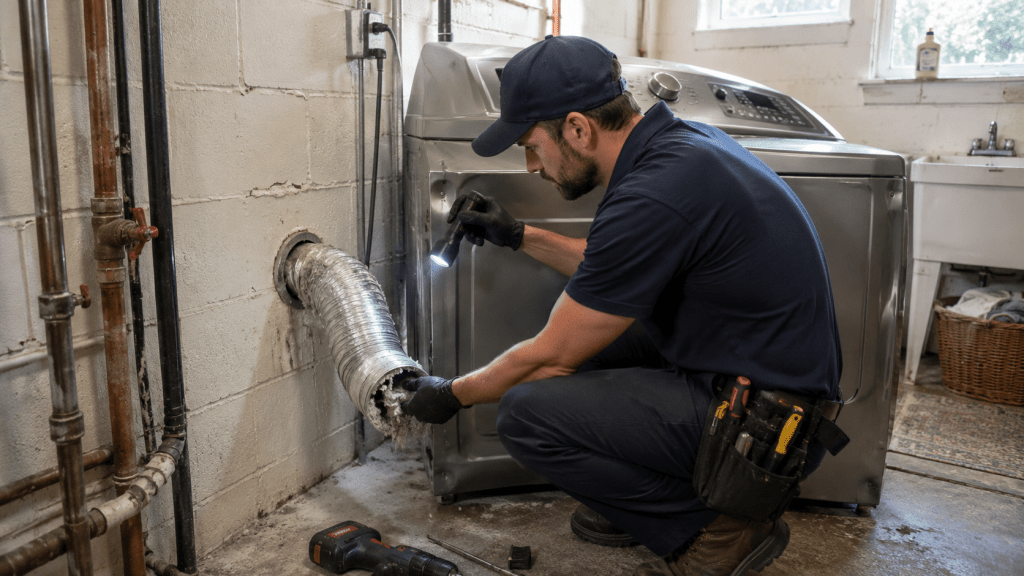 Professional appliance technician checking dryer vent airflow and lint buildup