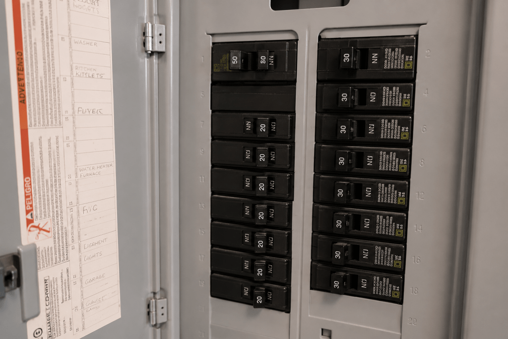 Residential electrical breaker panel in a Cleveland home after a power outage.