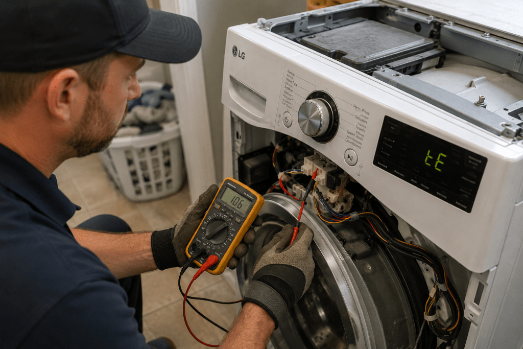 Technician testing internal components of an LG washing machine with a tE error code