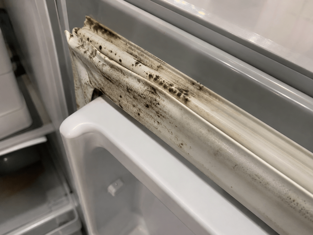 Mold buildup on a refrigerator door gasket caused by moisture and poor sealing.
