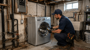 Professional appliance repair technician diagnosing a washing machine in an older Cleveland home