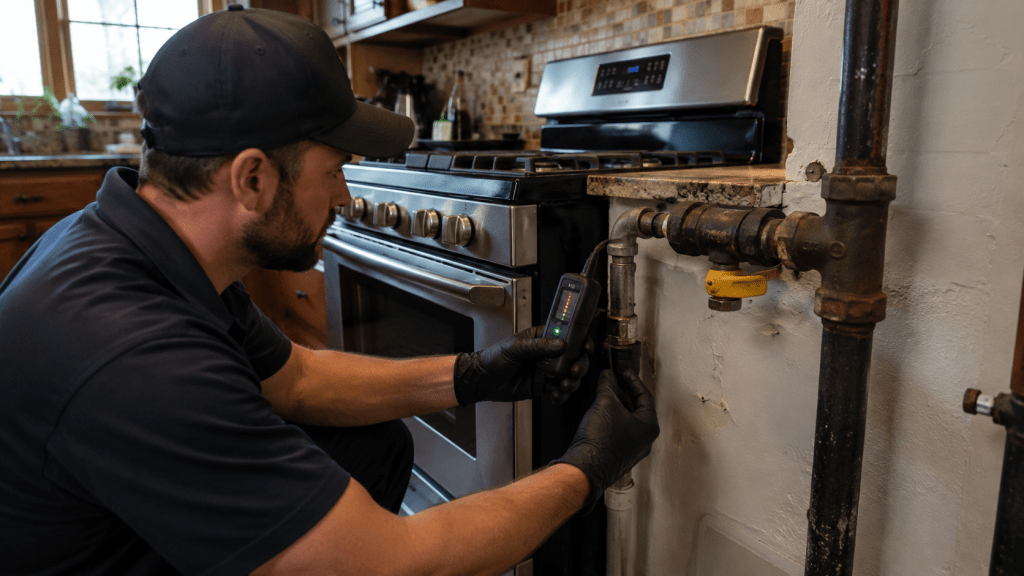 Technician inspecting an older gas line behind a gas range in a Cleveland home