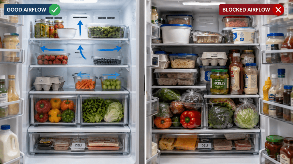 Well-organized refrigerator with proper airflow compared to an overloaded refrigerator blocking air circulation.