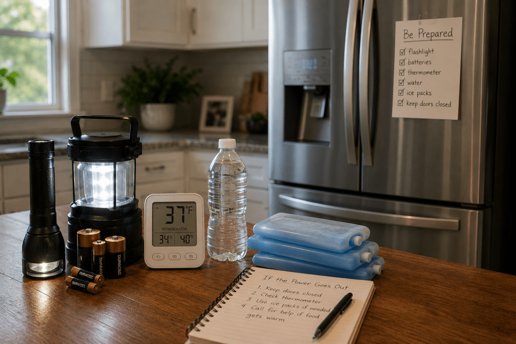 Emergency supplies prepared in a kitchen to help protect food and household appliances during a power outage.