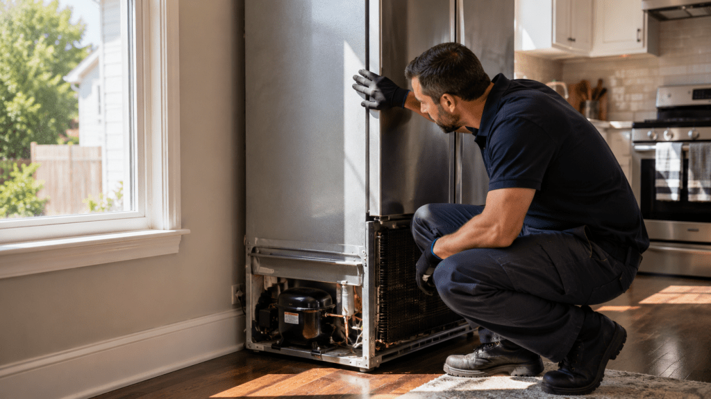 Appliance repair technician inspecting refrigerator installation in a Cleveland kitchen during a hot summer day.