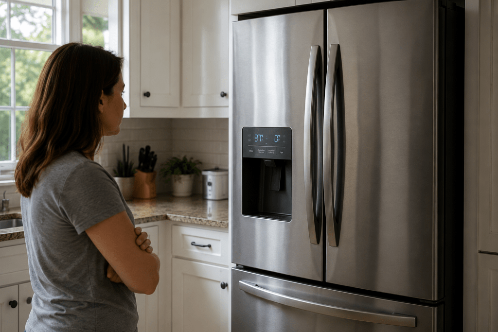 Homeowner waiting for a refrigerator to restart after power is restored following a Cleveland power outage.