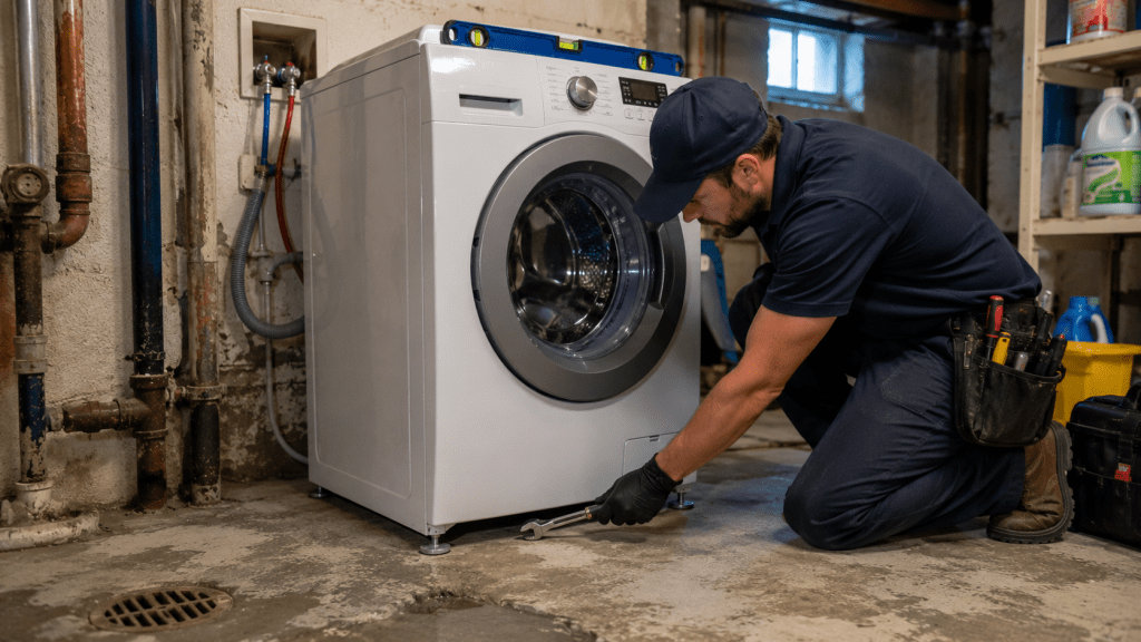 Professional appliance technician adjusting washing machine leveling feet for proper installation
