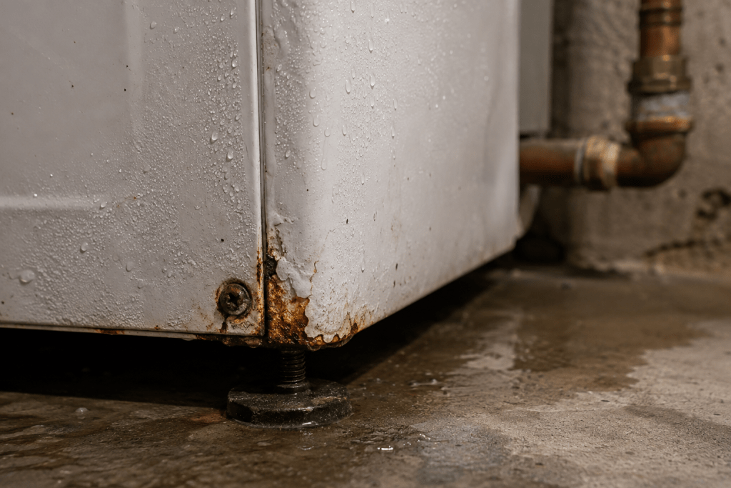 Condensation droplets and early rust on the lower edge of an appliance cabinet