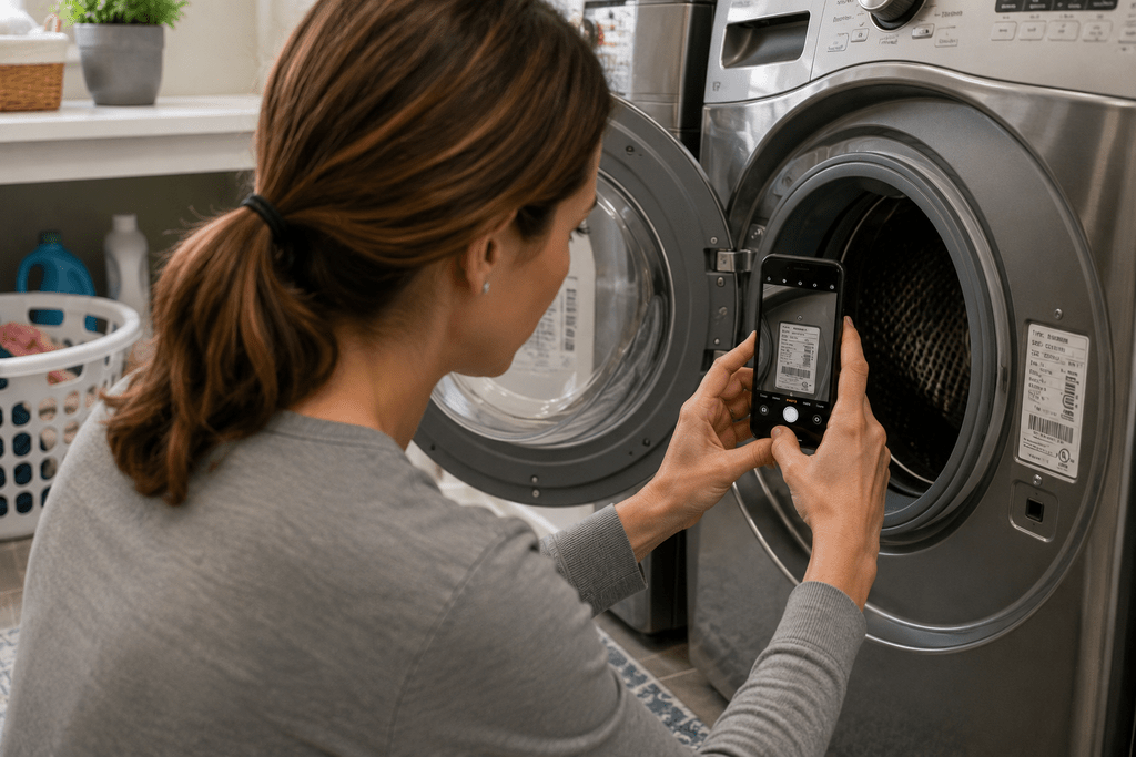 Homeowner photographing an appliance model label before scheduling repair