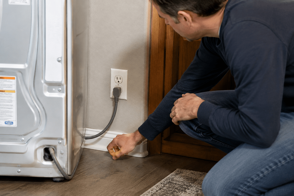 Homeowner visually checking an appliance power cord and wall outlet