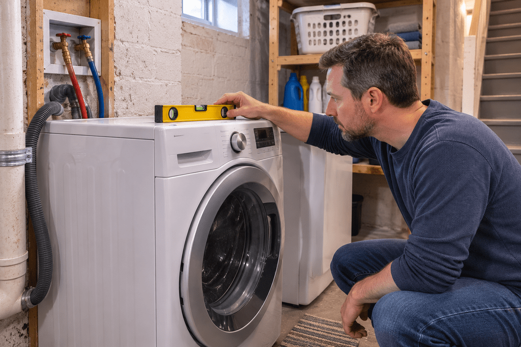 Homeowner checking a washing machine for level and visible hose condition
