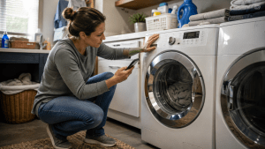 Homeowner checking a washing machine before calling for appliance repair
