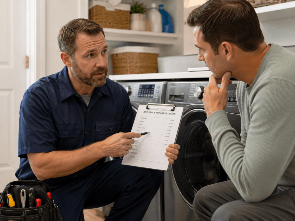 Technician explaining appliance repair findings to a homeowner using a written estimate.