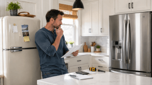 Homeowner comparing whether to repair or replace a household appliance in a modern kitchen.