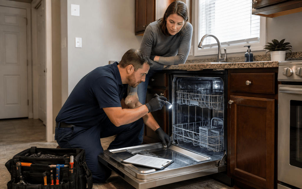 Appliance technician inspecting a dishwasher in a rental kitchen