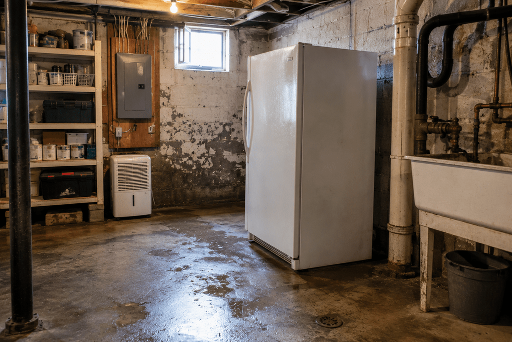 Secondary refrigerator in a damp older-home basement