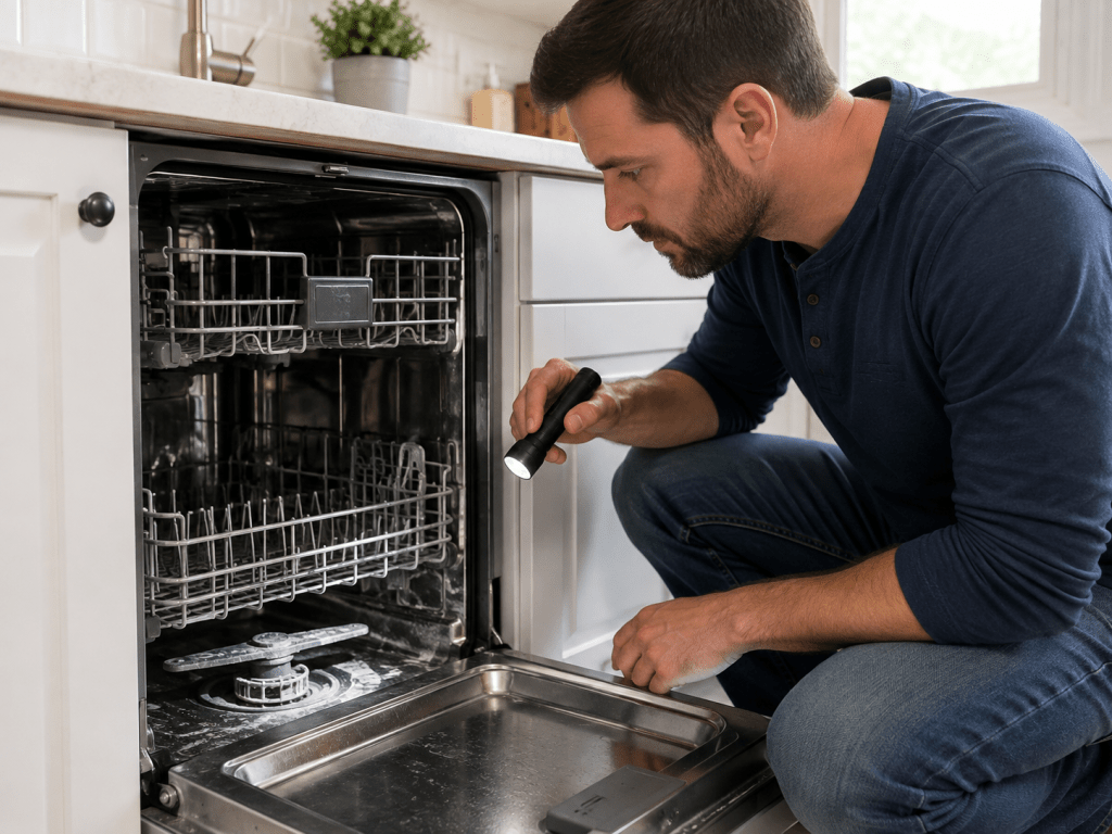 Homeowner inspecting mineral buildup inside a dishwasher