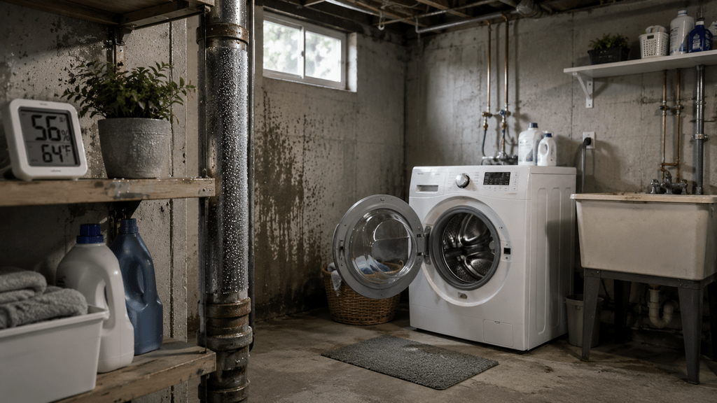 Washing machine in a humid Northeast Ohio basement laundry area