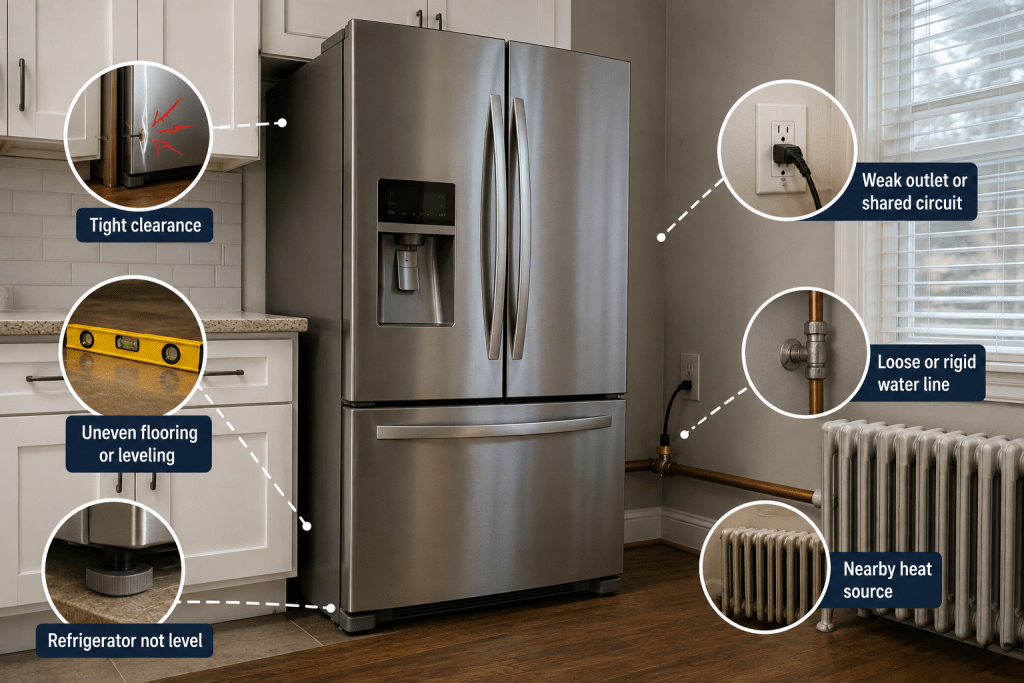 Refrigerator installed in a Cleveland-area kitchen where flooring, cabinets, plumbing, and nearby heat sources can affect noise