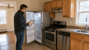 Landlord inspecting kitchen appliances in a Cleveland rental property between tenants