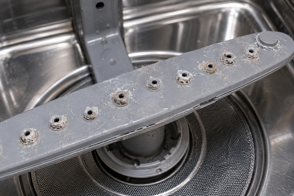 Dishwasher spray arm with mineral deposits blocking spray holes